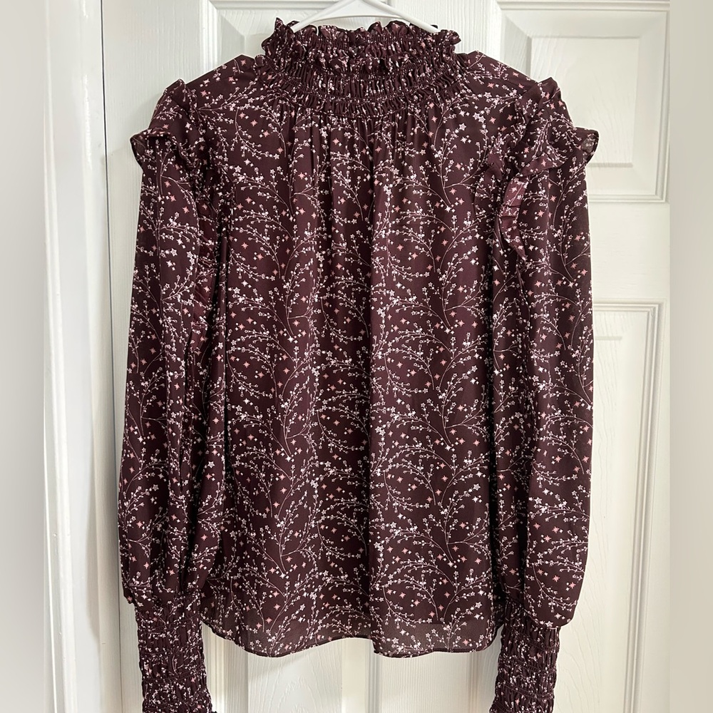 Max‎ Studio Womens Long Sleeve Ruffle Neck Blouse Eggplant Color Size Medium